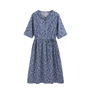 Đầm liền linen ngắn tay cổ pipi in hoa lá chiết eo - NU10022