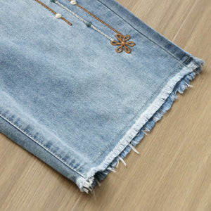 Quần baggy denim lửng lưng thun ống đứng thêu hoa mùa xuân - Q254