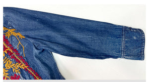 Đầm liền denim tay lửng cổ V thêu cành hoa và chú chim - NU9392