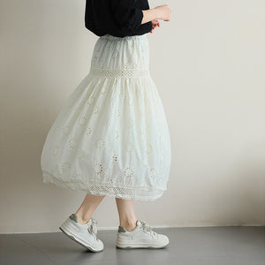 Chân váy linen lưng thun thêu retro hai lớp  - NU10077