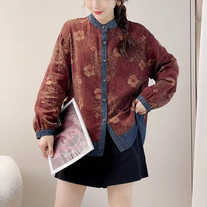 Áo sơ mi dài tay cổ đứng in hoa lá retro phối denim - NU9646