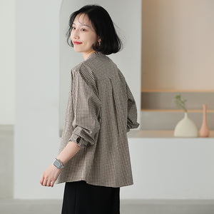 Áo sơ mi linen dài tay cổ đứng kẻ sọc caro - NU9837