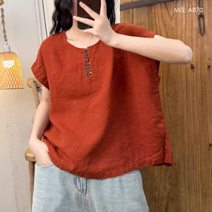 Áo sơ mi linen sát nách cổ tròn retro - A868