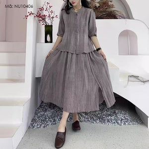Bộ đồ linen gồm chân váy xẻ vạt và áo sơ mi ngắn tay cổ tròn - NU10405