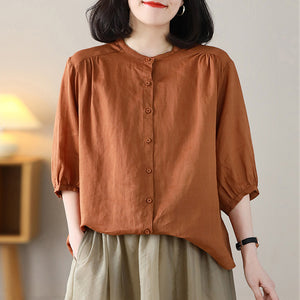 Áo sơ mi linen ngắn tay cổ tròn form rộng vạt mullet - NU8825