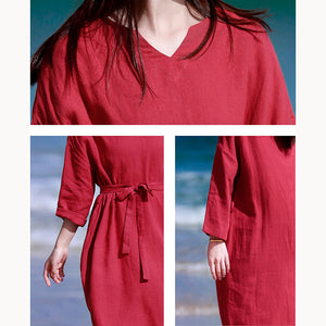 Đầm liền linen tay lửng cổ V eo thắt dây một màu - NU9037