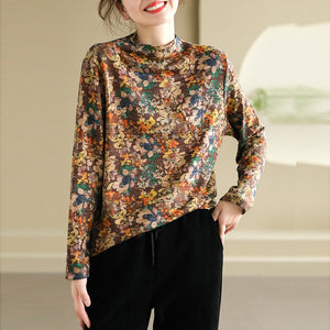 Áo T-shirt dài tay dệt kim cổ lọ in hoa lá retro - NU9416