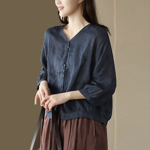 Áo sơ mi linen tay lửng cổ V thêu hoa văn retro - NU9770