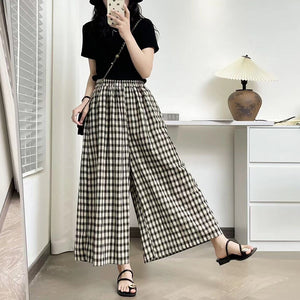 Quần baggy linen lưng thun ống rộng kẻ caro hai túi chéo - NU10159