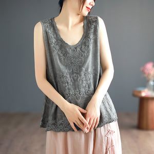 Áo T-shirt linen sát nách cổ tròn thêu hoa lá đơn sắc - NU8574