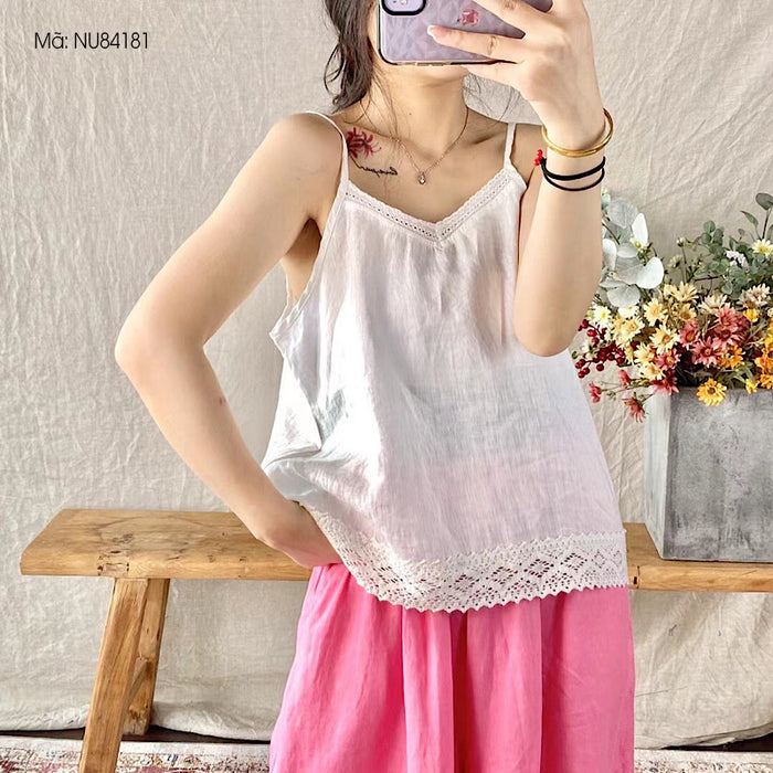Áo T-shirt linen hai dây sát nách cổ V kiểu ren viền - NU8418