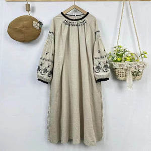 Đầm liền linen Morigirl dài tay cổ tròn thêu retro  - NU10334