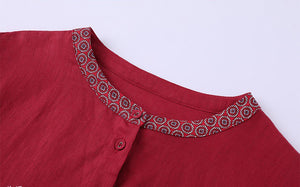 Đầm liền linen dài tay cổ tròn viền in hoa retro - NU9376