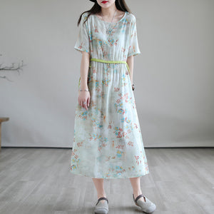 Đầm liền linen ngắn tay cổ tròn eo kiểu thắt dây - D047
