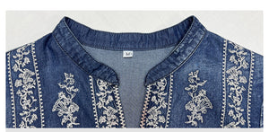 Đầm liền denim tay lửng cổ tròn thêu hoa lá retro eo thắt dây - NU9366