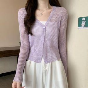 Áo khoác cardigan len dệt kim dài tay cổ V vạt lượn sóng - NU9120