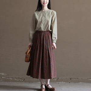 Chân váy linen retro lưng thun kẻ sọc caro - NU10021