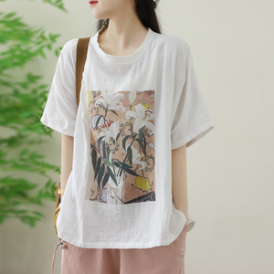 Áo T-shirt linen ngắn tay cổ tròn in hoa bách hợp - NU10216