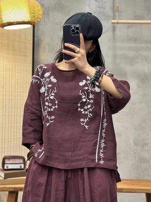 Áo T-shirt linen ngắn tay cổ tròn thêu đối xứng - NU9093