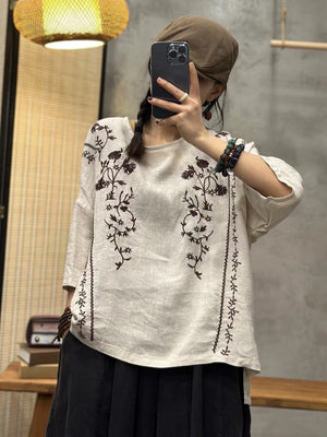 Áo T-shirt linen ngắn tay cổ tròn thêu đối xứng - NU9093