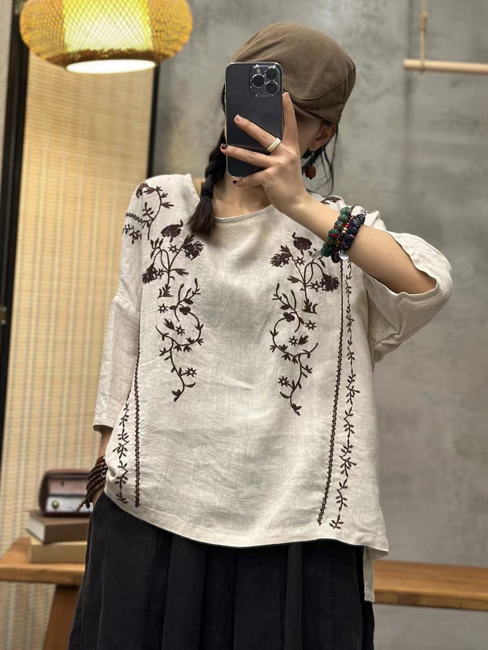 Áo T-shirt linen ngắn tay cổ tròn thêu đối xứng - NU9093