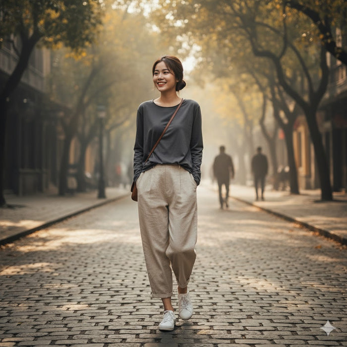 Áo T-shirt dài tay cổ tròn đơn sắc  - A096