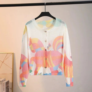 Áo khoác len cardigan dài tay cổ tròn in chú ngựa - A528