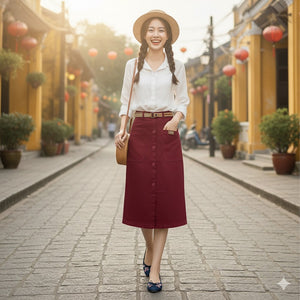 Chân váy retro hai túi vuông khuy cài kèm thắt lưng - V020