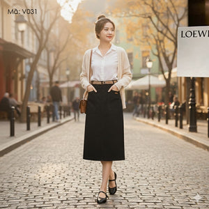 Chân váy retro lưng cao túi vuông kèm thắt lưng - V031