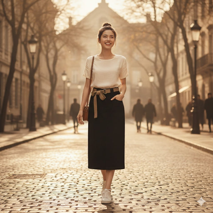 Chân váy retro lưng cao kèm thắt lưng - V039