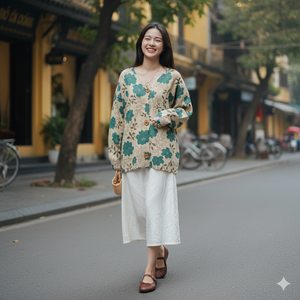 Áo len dài tay cổ tròn in những bông hoa đồng màu - A476