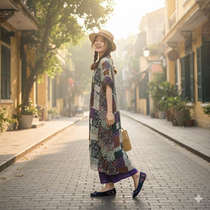 Đầm liền linen ngắn tay cổ V in mảng hoa lá retro - D001