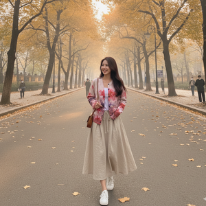 Áo khoác len cardigan cổ tròn in hoa dâm bụt - A539