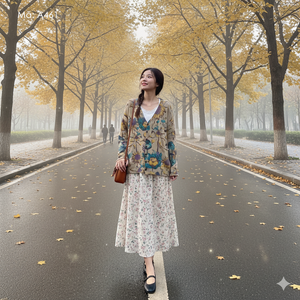 Áo khoác len cashmere dài tay cổ V in hoa lá hai túi - A461
