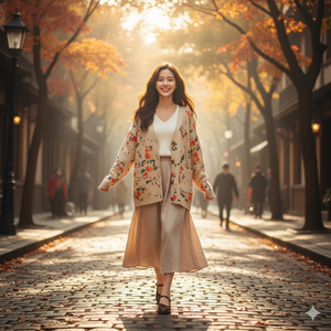 Áo khoác len cashmere dài tay cổ V in trừu tượng hai túi - A477