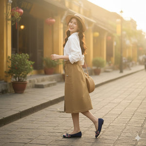 Chân váy retro bốn khuy cài kiểu xẻ trước kèm thắt lưng - V017