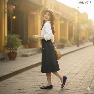 Chân váy retro bốn khuy cài kiểu xẻ trước kèm thắt lưng - V017