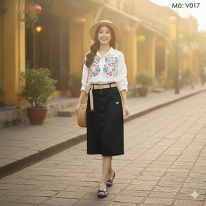 Chân váy retro bốn khuy cài kiểu xẻ trước kèm thắt lưng - V017