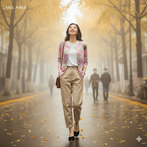 Áo khoác len cardigan dài tay cổ tròn in bông hồng - A464