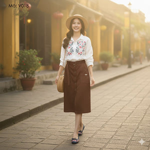 Chân váy retro bốn khuy cài kiểu xẻ trước kèm thắt lưng - V017