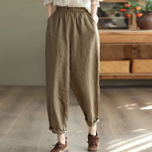 Quần baggy linen lưng thun ống đứng một khuy cài - NU7443