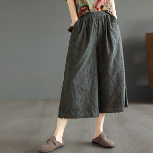 Quần baggy linen lửng lưng thun ống rộng phối ren thêu hoa văn - NU8872