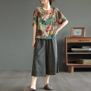 Quần baggy linen lửng lưng thun ống rộng phối ren thêu hoa văn - NU8872