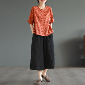 Quần baggy linen lửng lưng thun ống rộng phối ren thêu hoa văn - NU8872