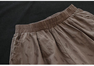 Quần baggy linen lửng lưng thun ống rộng phối ren thêu hoa văn - NU8872