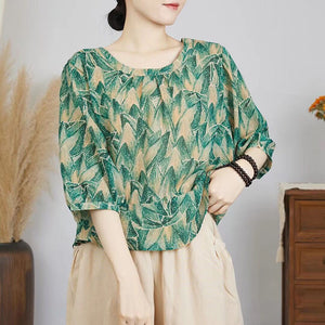 Áo sơ mi linen tay lửng cổ tròn khuy cài sau in hoa văn retro - NU8878