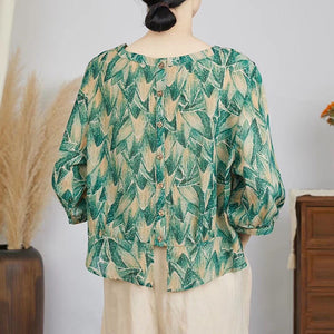 Áo sơ mi linen tay lửng cổ tròn khuy cài sau in hoa văn retro - NU8878