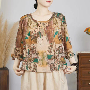 Áo sơ mi linen tay lửng cổ tròn khuy cài sau in hoa văn retro - NU8878