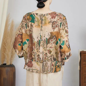 Áo sơ mi linen tay lửng cổ tròn khuy cài sau in hoa văn retro - NU8878