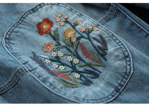 Quần baggy lửng denim lưng thun thêu hoa lá đối xứng - NU8884